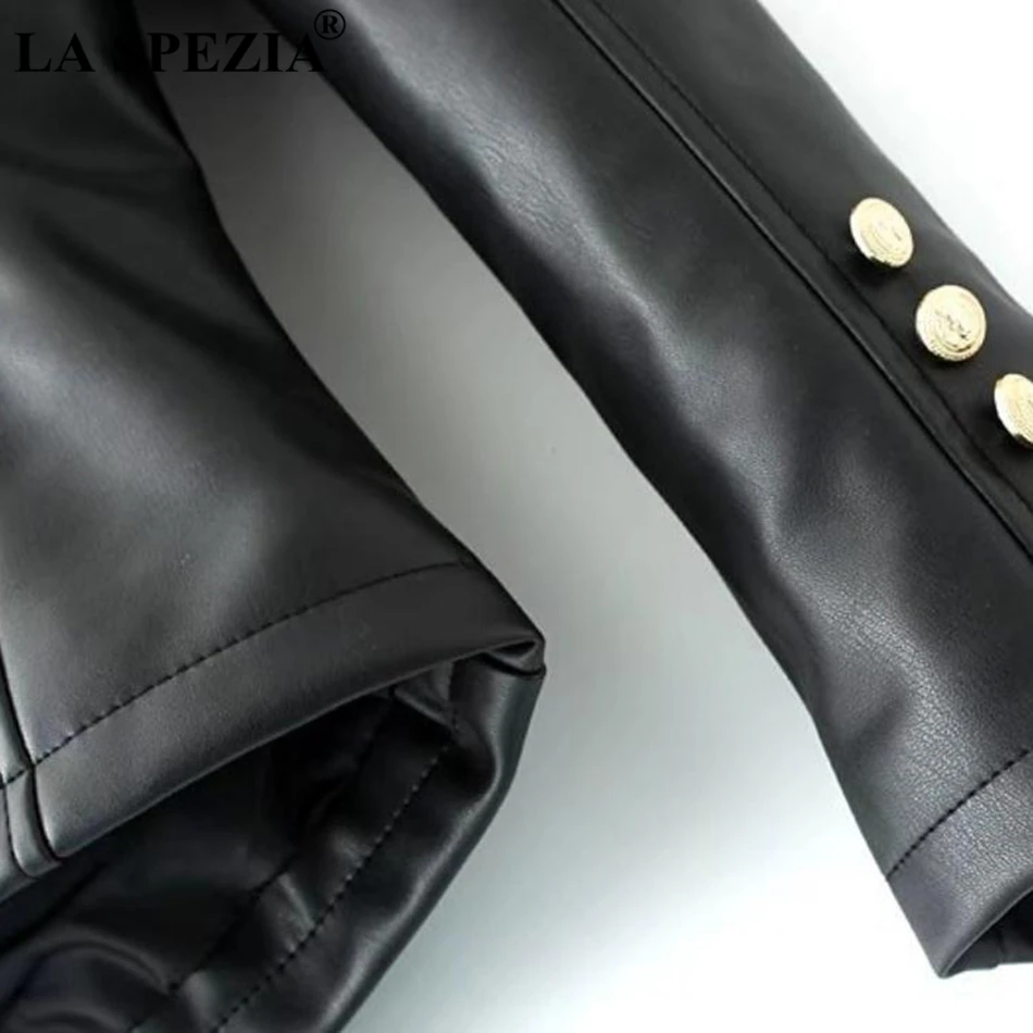 LA SPEZIA Double Breasted Leather Jacket Women Black Motorcycle Coat Female Cool Biker Pockets Punk Autumn Vintage Jackets 2019