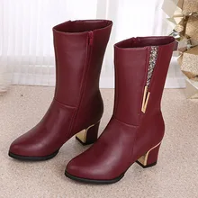 Women PU boots winter warm noble ladies boots 2016 fashion square heels solid color boots