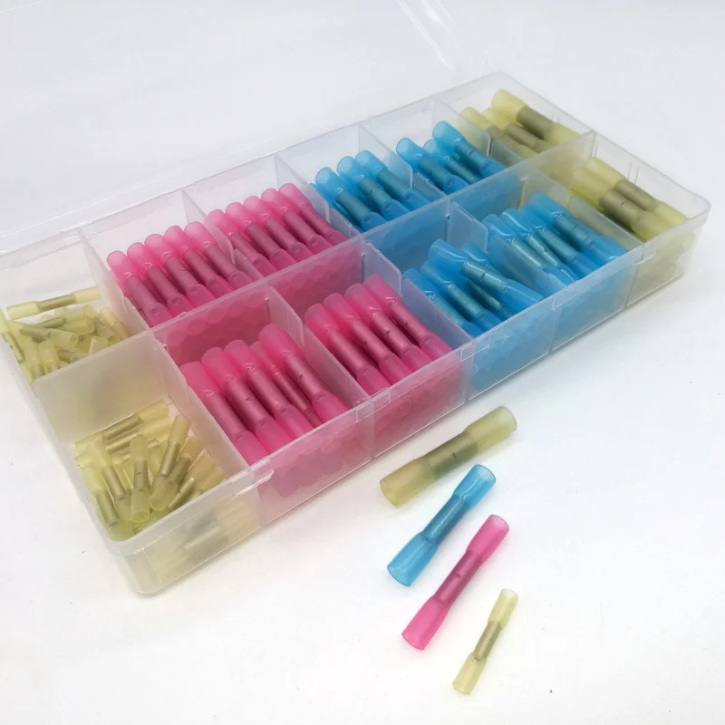 

200pcs Hot Melt Glue Inside Water-proof 4 Sizes Mixed BHT0.5 /1.25/ 2 /5 /PE Heat Shrink Butt Crimp Terminals Connectors