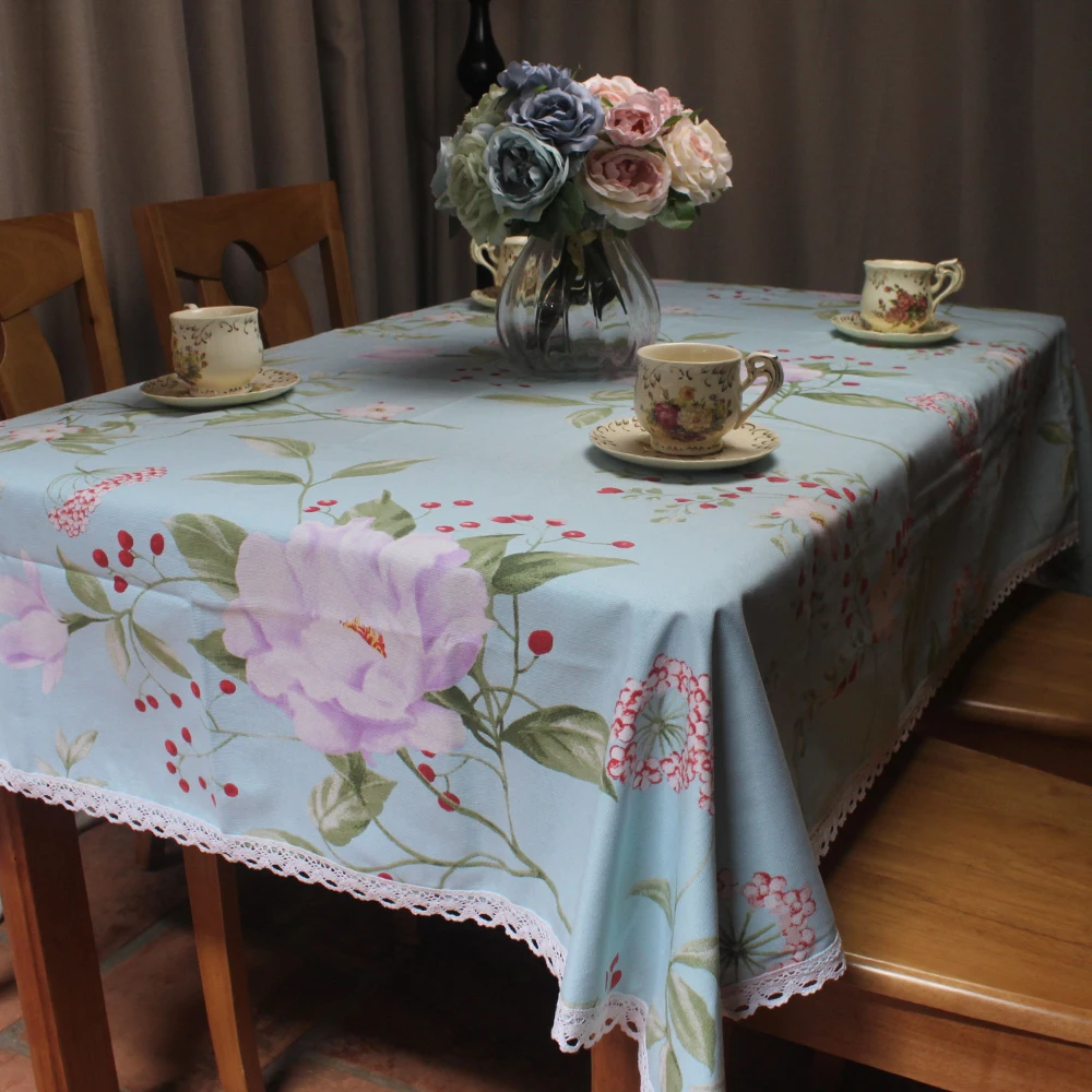 

CURCYA Light Blue Cotton Tablecloth for Wedding Party Romantic Garden Tea Table Cover Decorative Table Cloth