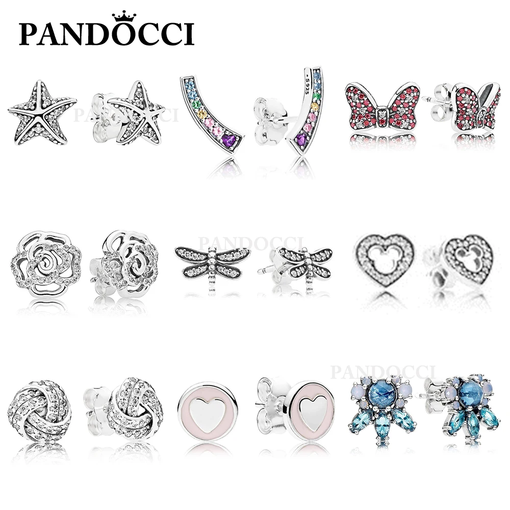 

PANDOCCI 100% 925 Sterling Silver Gem Rose Heart-shaped Rainbow Ice Crystal Paw Print Stud Earrings Charm Vintage Jewelry Wholes