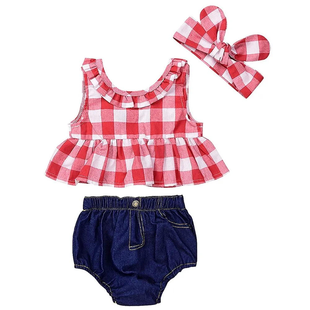  2018 Oklady Baby Girls' Clothes Plaid Ruffle Tank Tops +Jeans Shorts Set with Bowknot Headband Outf