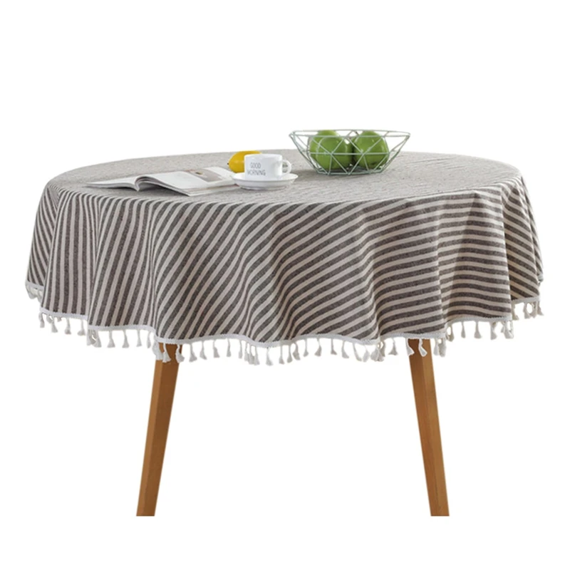

Newly Striped Tablecloth Round Table Cloth Home Tea Table Cover Cotton Tablecloth With Tassel Decor Hotel Dining Table Cover