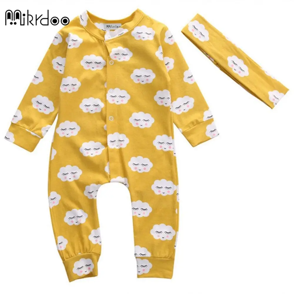 Mikrdoo/ г. Весенняя одежда для маленьких детей, девочек, белое облако, длинный рукав, Песочник Комбинезон хлопковый+ повязка на голову, комплект из 2 предметов одежда для малышей - Цвет: Yellow