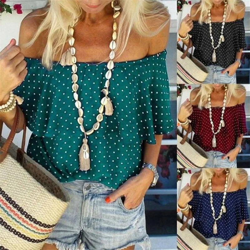 

Blouse women Polka Dot Off Shoulder sexy half sleeve female boho Blouse Tops Summer Lady Elegant Chiffon Blouses plus size 2019