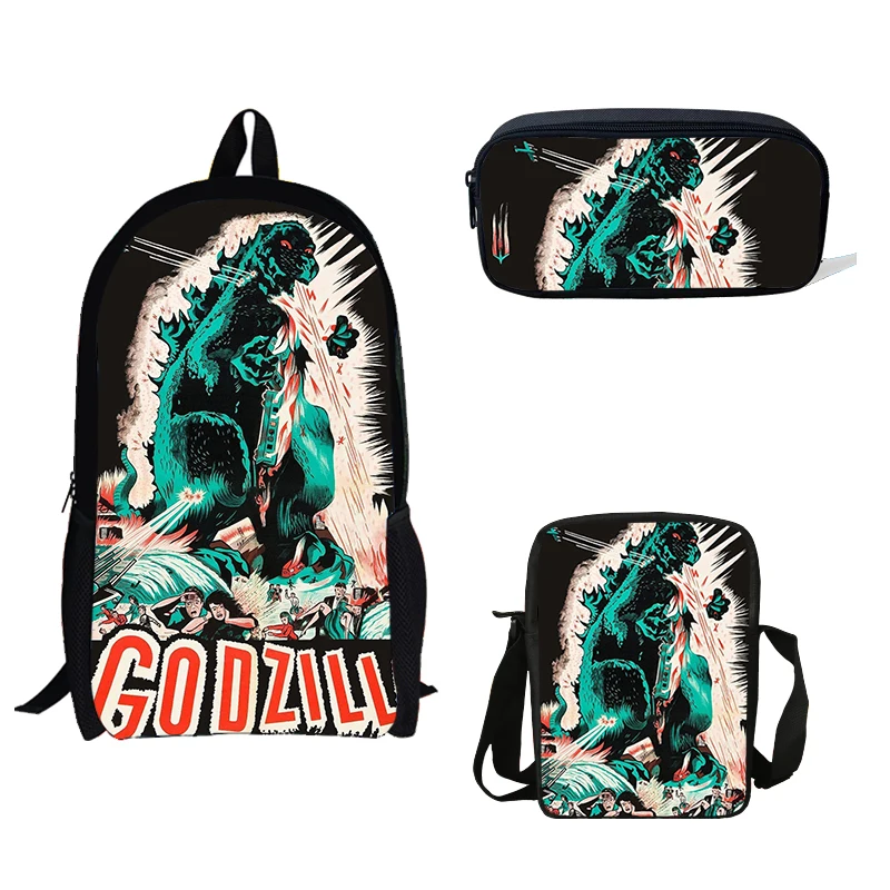 S//3 Godzilla Kids Schoolbag Boy/'s Large Backpack Cross Body Bags Pencil Case Lot