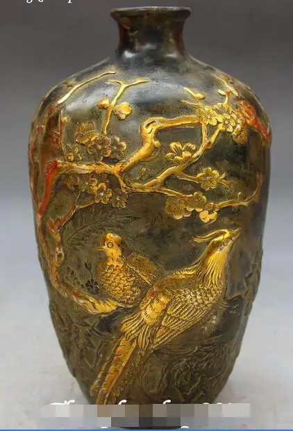 

Chinese Bronze Gilt Carving Bird Birds Flower Flowers Jar Pot Jug Kettle Crock