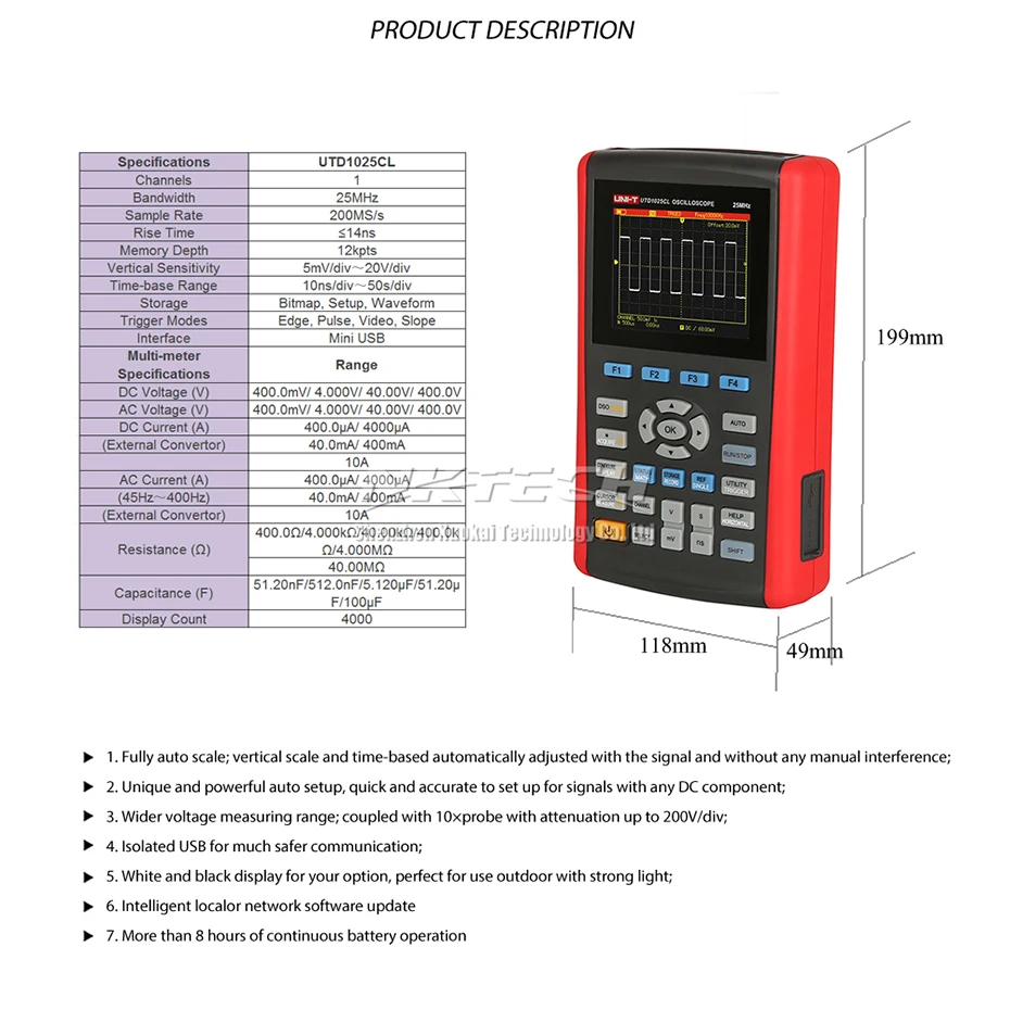 UNI-T UTD1050CL UTD1025CL портативный цифровой осциллограф Scopemeter мультиметр Сфера метр TFT полностью автоматическая шкала 50 МГц AC DC Ом F