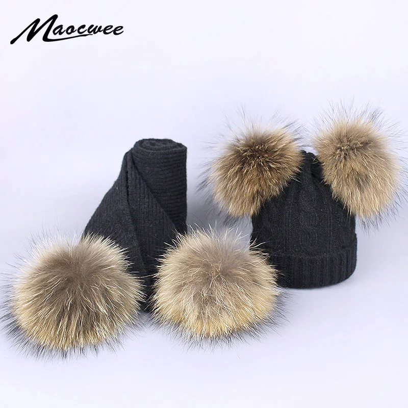 

Women Hat And Scarf Set For Girl Wool Knitted Baby Female Winter Scarf Caps Children Boy Parental Suit Real Raccoon Fur Pompom
