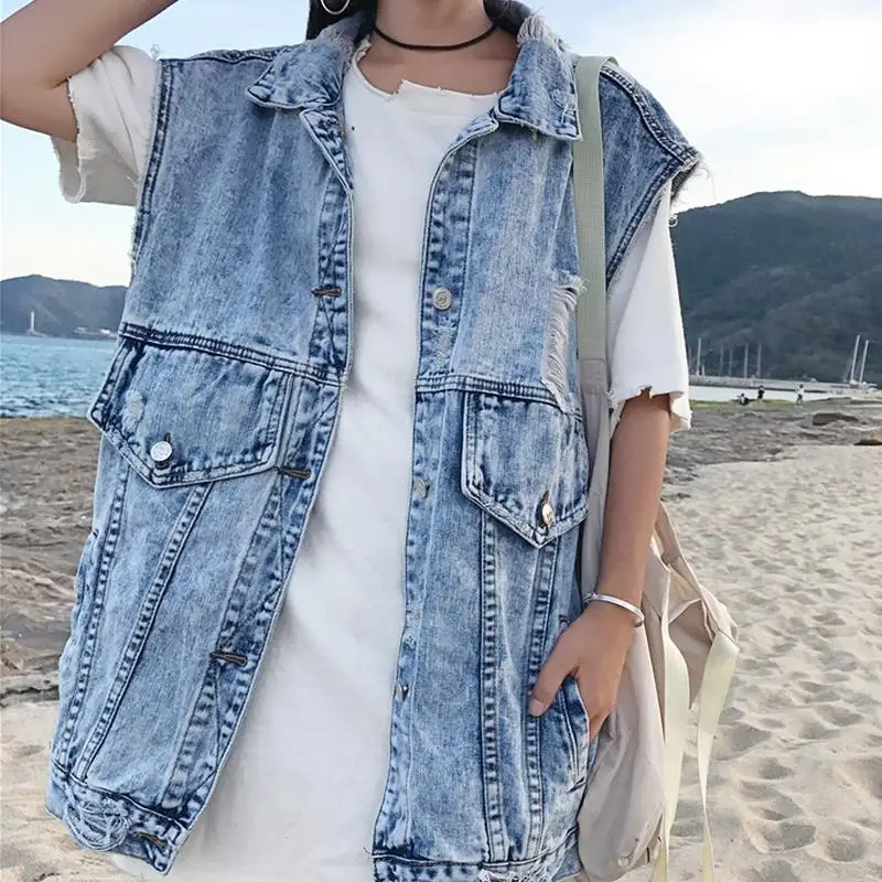 

Denim Vests hole Women Summer Waistcoat Turn-down Collar Coat Sleeveless Denim Jacket