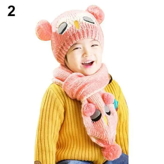 Детская одежда для девочек с изображением сов для мальчиков образная крышка зимний трикотажный подогреватель Шапочка-шарф набор