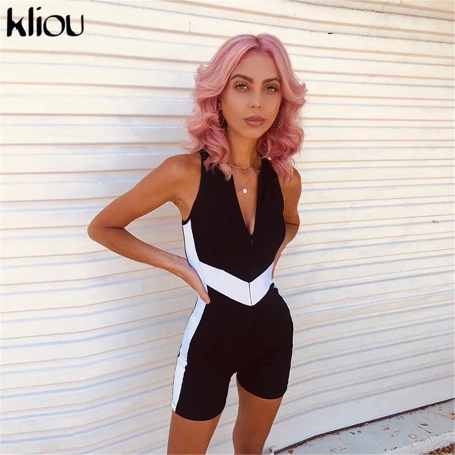 Kliou 2019 جديد playsuit النساء اللياقة البدنية ارتداءها الصيف أكمام مخطط خليط الرياضية الأزياء وتتسابق السروال القصير بذلة