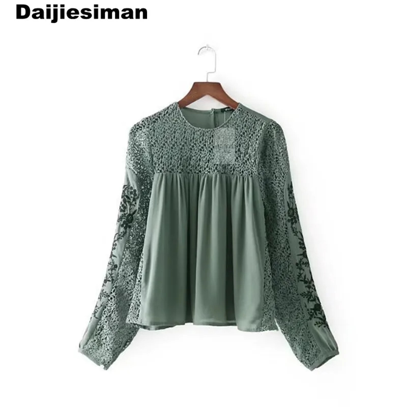 

Spring 2018 New Vintage Sexy Lace Embroidery Patchwork Chiffon Women Long Sleeve O-Neck Casual Blouse Pullover Top Streetwear