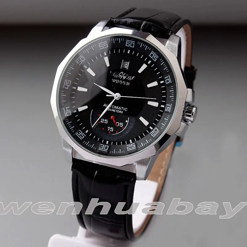 

New Arrival Fashion Mens Automatic Mechanical Black Date Dial Analog Black Leather Strap Stainless Steel Wrist Watch Gifts