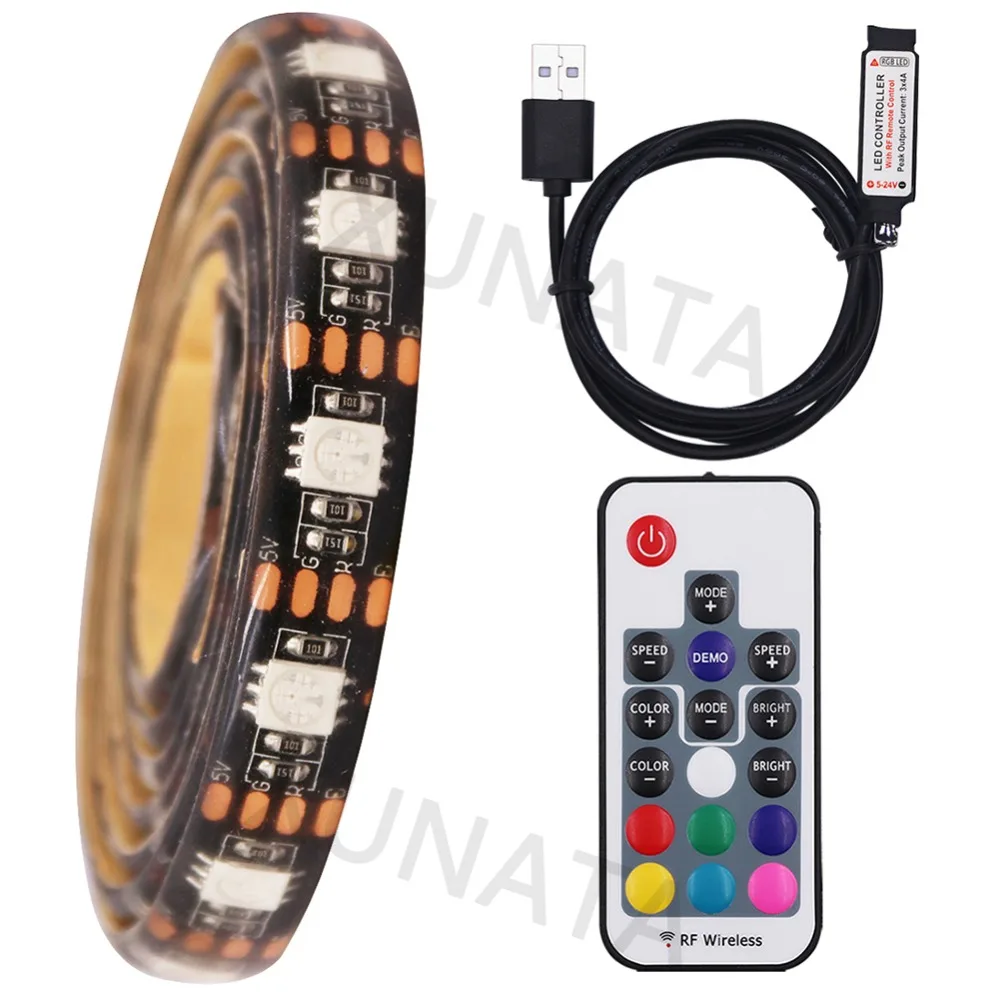 

Black USB 5V RGB 5050 LED Strip Light with RF Controller Waterproof TV Backlighting indoor living room decor Flexible Neon Tape