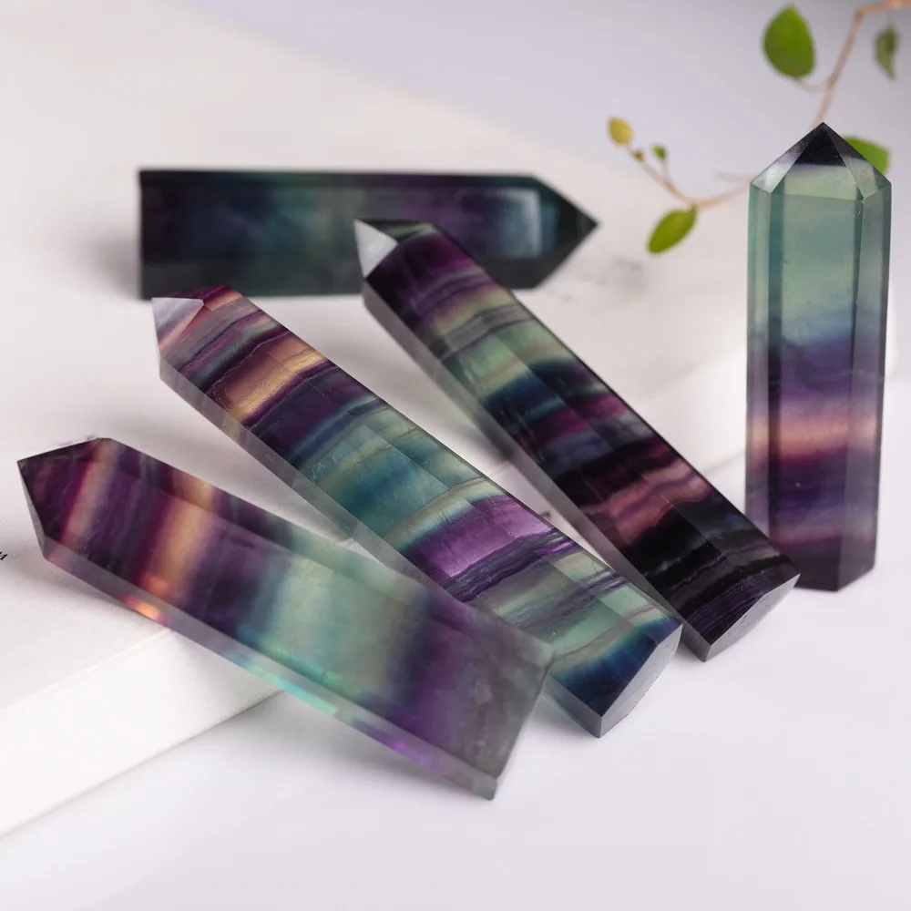 

Natural Fluorite Crystal Colorful Striped Fluorite Quartz Crystal Stone Hot Point Healing Hexagonal Wand Treatment Stone