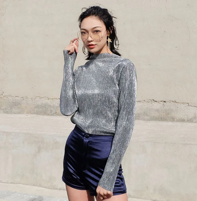 

2019 New Women Sequin T Shirts Sexy Solid Turtleneck Slim Super Shine Bling Bling Shirts Chic Street Tshirts Woman Summer Tops