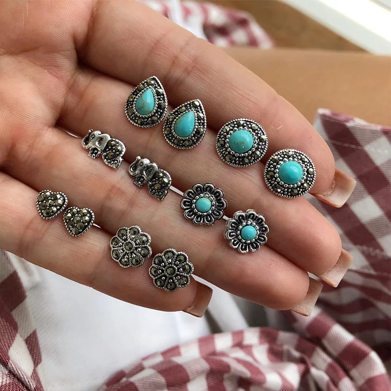 

6 Pairs/ Set Bohemian Elephant Heart Flowers Water Drop Round Gem Silver Earrings Set Charm Women Party Clothing Jewelry
