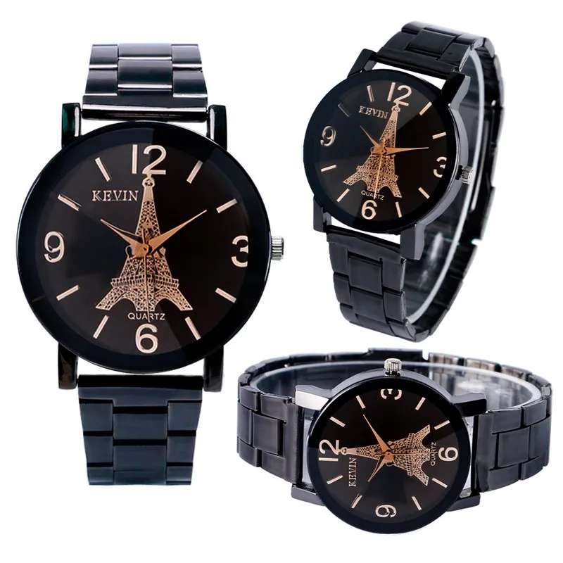 Модные черные Сталь металлический ремешок Эйфелева башня узор циферблат кварцевые наручные часы браслет мужские Обувь для мальчиков