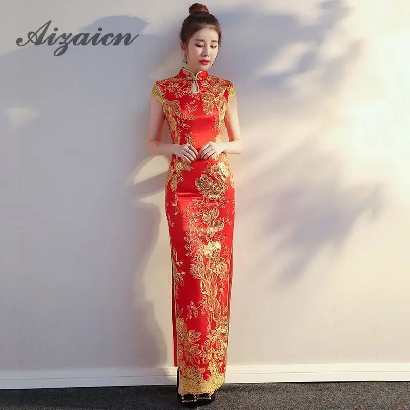 Vestido восточные платья невесты традиционное китайское свадебное платье для женщин вышивка Cheongsam сексуальное красное свадебное платье современный Ципао