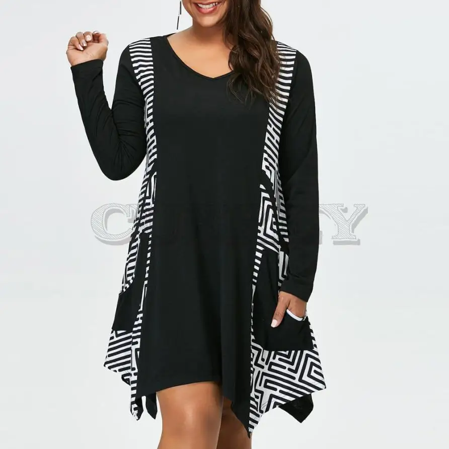 Image Women Plus Size Dress V Neck Long Sleeve Asymmetrical Mini Pockets Dress Bohemia V neck Print Ethnic Summer Beach Dress F4