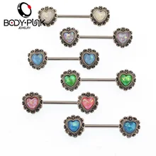 

6 Colors Trendy Sexy Barbell Heart-shaped Opal Nipple Rings Polished Body Piercing Jewelry NP007