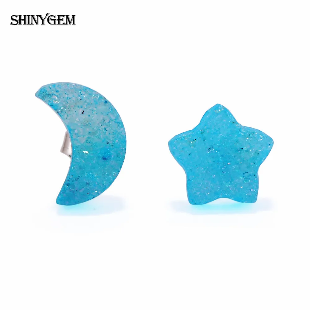 ShinyGem милые серьги с Луной и звездой из натурального камня милые 925 пробы серебряные серьги-гвоздики радужные друзы вечерние серьги для женщин