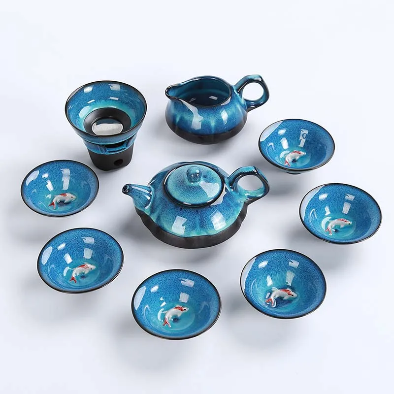 

[1 Teapot+1 Filter+1 Fair cup+6 Cups] New Authentic 9 Pcs KungFu Tea Set Blue Amber glaze Zisha Fish Teapot cup Ceremony Gift