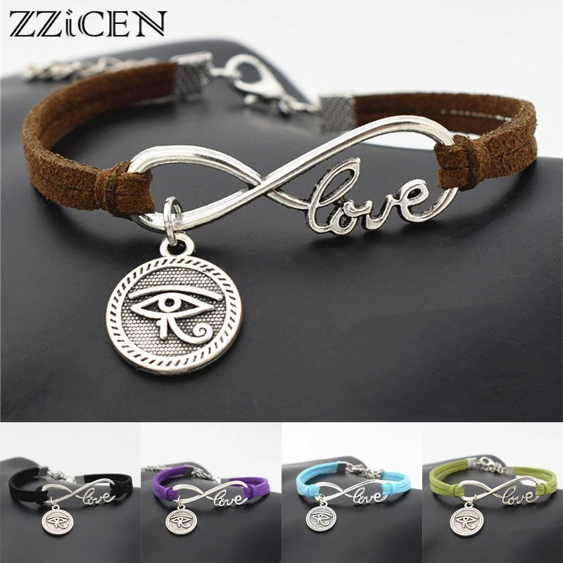 

Fashion Ethnic Silver Ancient Egypt Totem Round Eyes of Horus Charms Lucky Women's Egyptian Eyes Love Infinity Leather Bracelets