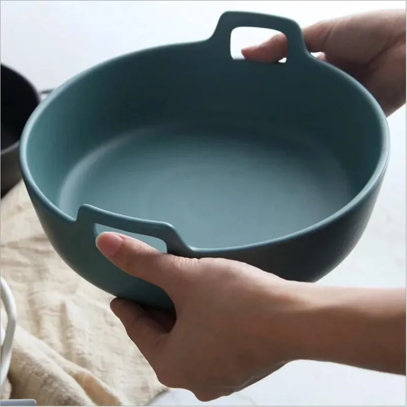 9inch Creative Ceramic Salad Bowl with Double Handle Extra Deep Porcelain Serving Dish for Fruit Nuts Vegetable Plate Tableware