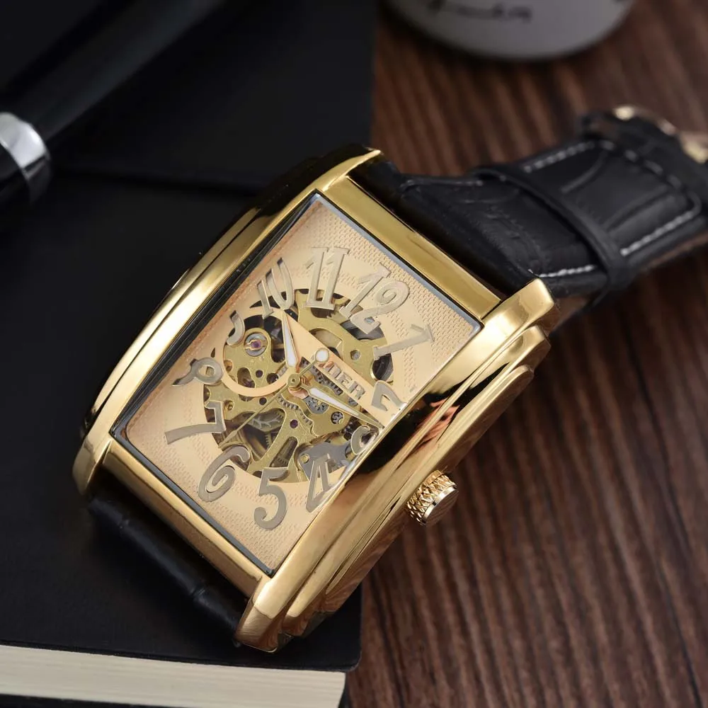 Relogio Masculino Топ бренд класса люкс Золотой Скелет автоматические механические часы для мужчин кожаный ремешок прямоугольные часы для мужчин GOER - Цвет: 0045gold