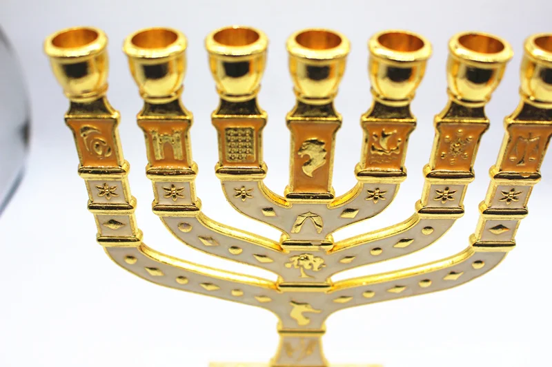 Синяя эмаль Menorah позолоченный 7 веток племен Израиля, джерузама