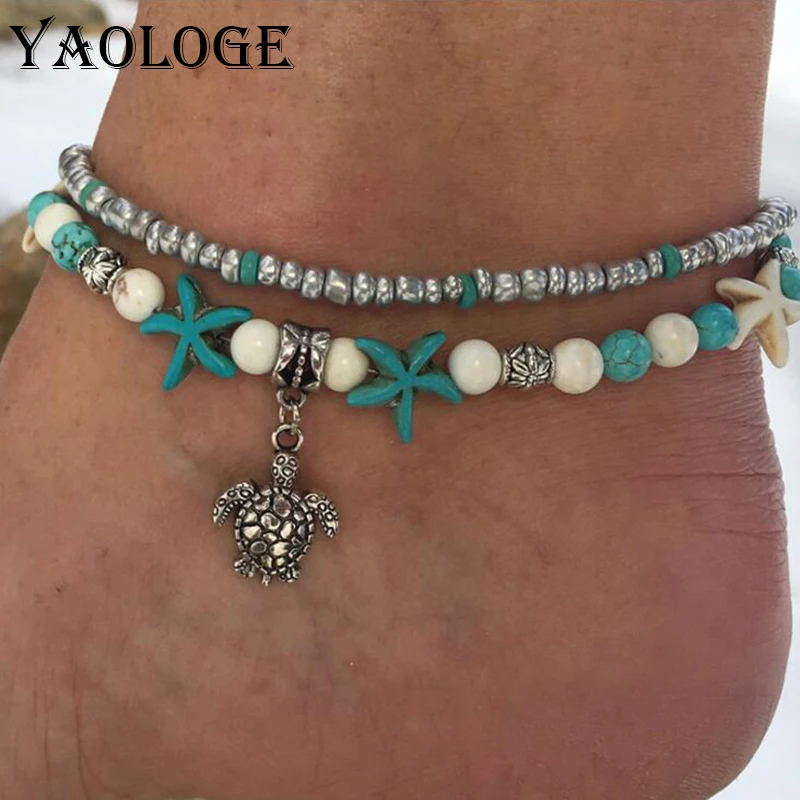 

YAOLOGE Hot Sale Fashion Stone Beading Anklet Dangler Animal Sandy Beach Bracelet Bohemia Style Statement Jewelry For Women New