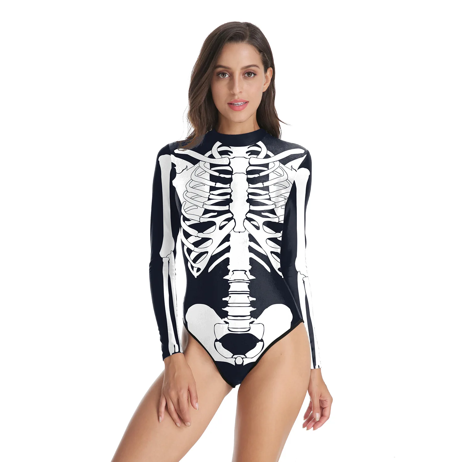 Terror Halloween Costume Red Skeleton Print Bodysuit For Women Horror Bone Long Sleeves Top Spandex Scary Party Club Lady Girls