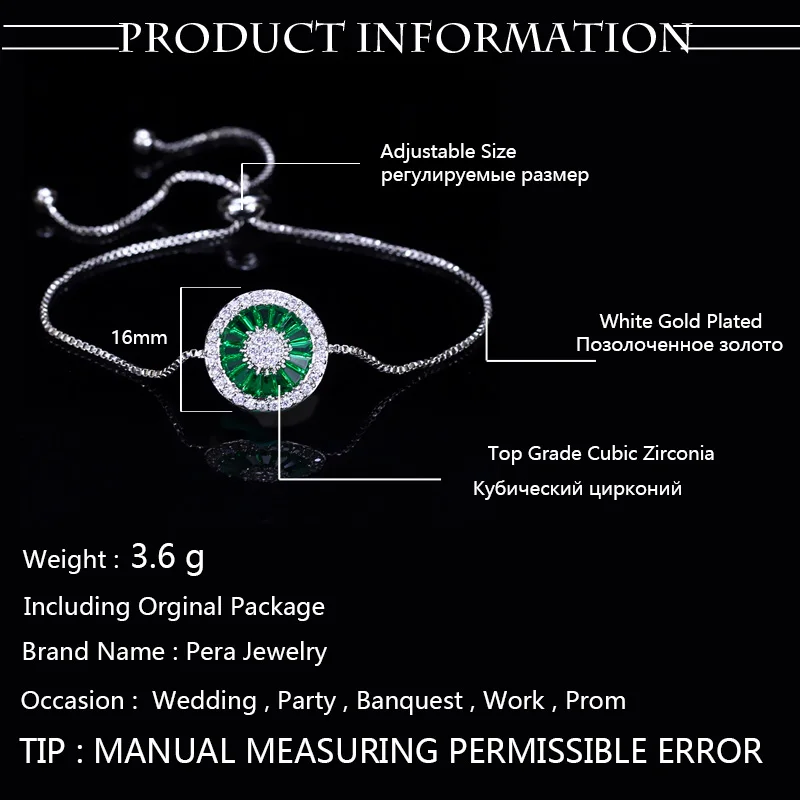 Pera Trendy Summer Style Charm Adjustable Size Green Bangle Cubic Zirconia Big Round Bracelet For Women Party Jewelry Gift B130