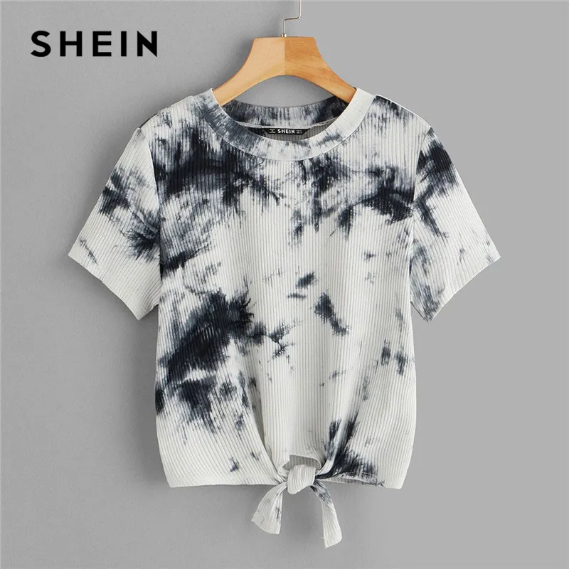SHEIN سيدة الأسود والأبيض الأساسية التعادل صبغ عقدة تنحنح ضلع متماسكة جولة الرقبة المحملة الصيف عارضة تي شيرت قطني بأكمام قصيرة المرأة قمم