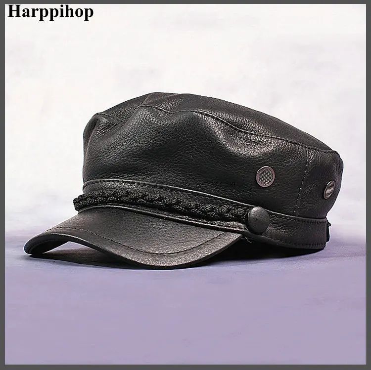 

Korean tidal Unisex cowhide leather flat-topped cap short brim cap spring and single young and student fashion stars hat