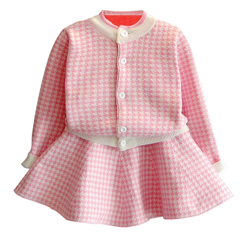 

Spring Autumn baby cardigan+ knitted skirt girls 2 pcs set kids suit children fashion clothes single breasted plaid 2 to 7 yrs