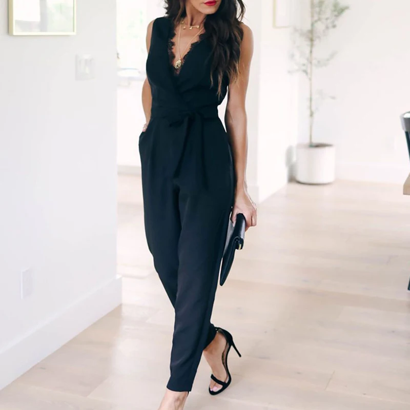 

Missufe Belted Deep V Neck Sexy Bodysuits Off The Shoulder Elegant Summer Playsuits 2019 Lace Women Jumpsuits Female Overalls