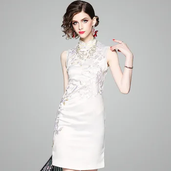 

2019 Mini Dress Sexy Celebrity Patchwork Embroidery Women Sleeveless Turtleneck Chinese Style Body con Party Dresses Wholesale