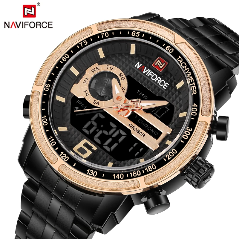 

NAVIFORCE Luxury Men's Dual Display Fashion Sport Watches Men Full Steel Waterproof Analog 24 Hour Wristwatch Relogio Masculino