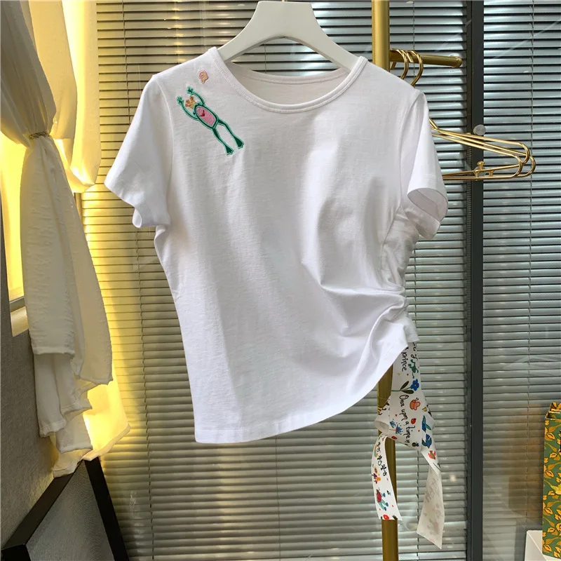 

White t-shirt letters kiss PRINCE frog embroidered Short sleeved side tied belt