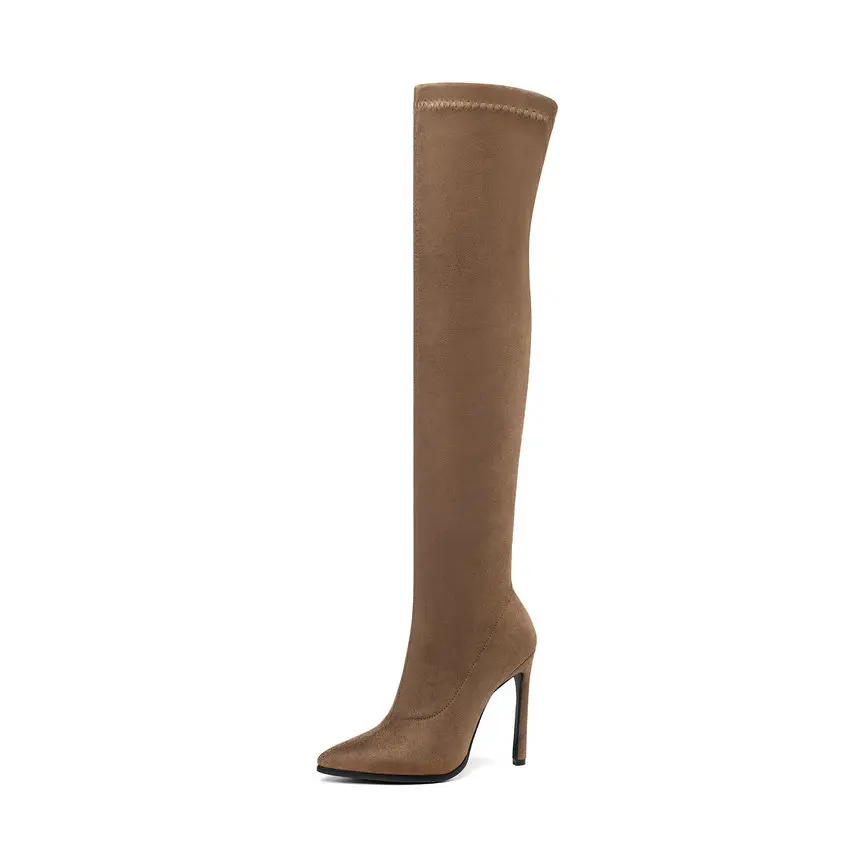 QUTAA г. Зимние женские сапоги выше колена обувь без застежки на высоком каблуке из эластичной ткани женские высокие сапоги с острым носком размеры 34-43 - Цвет: Camel