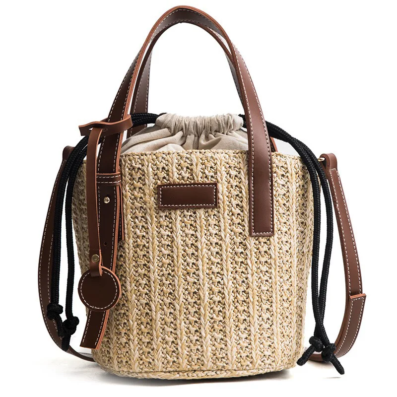 

Summer Beach Woven Straw Bag Thread Leather Bucket Bag Women Shoulder Crossbody Bag Famous Brand Luxury Handbag Designer Bolsas