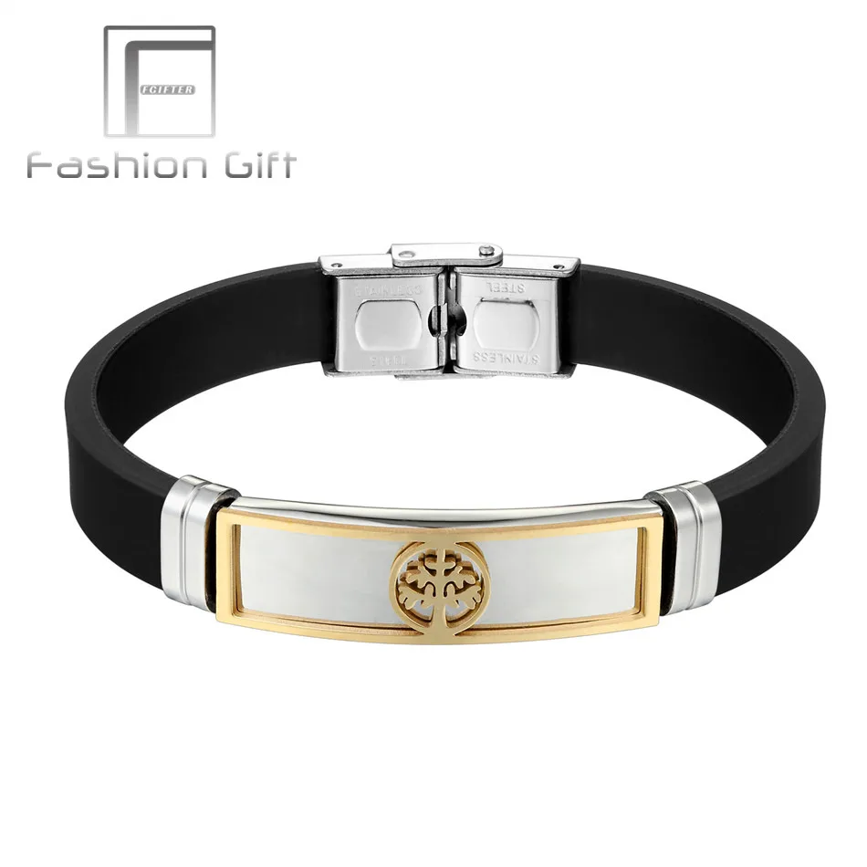 

FGifter New Fashion Jewelry Silicone Rubber Gold Color Life of Tree Stainless Steel Men Bracelets Bangles 806