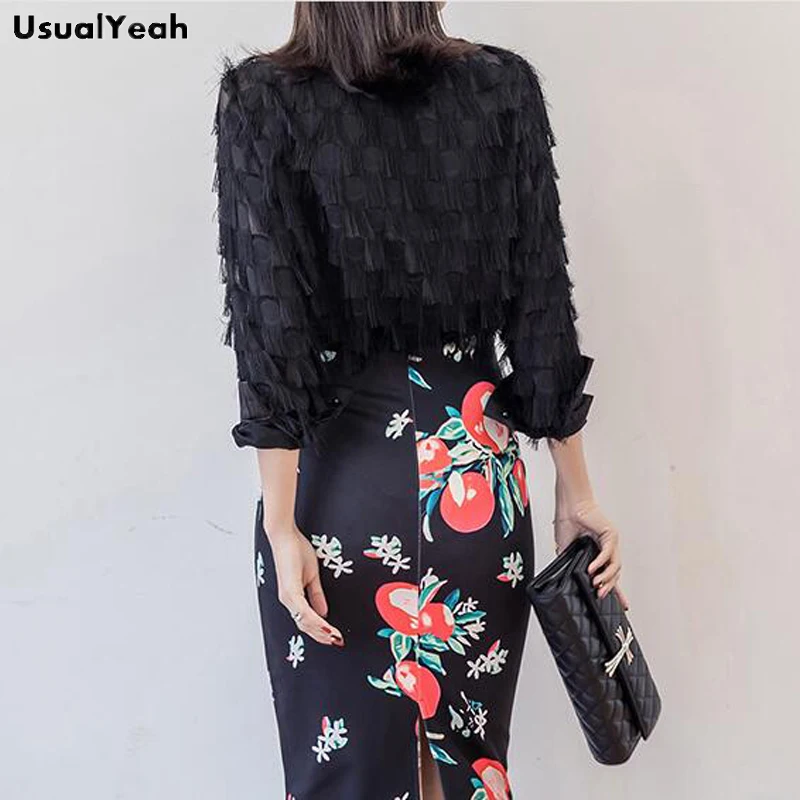 USUALYEAH 2018 Women Tassel Blouse Shirts Long Sleeve Fashion OL Female Black White Blusas Femininas S-XL SY0514