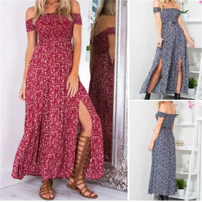 

Sunshine Summer Floral Casual Dress Women Sexy Off Shoulder Long Dress sleeveless Split Dress High waist maxi dress vestidos