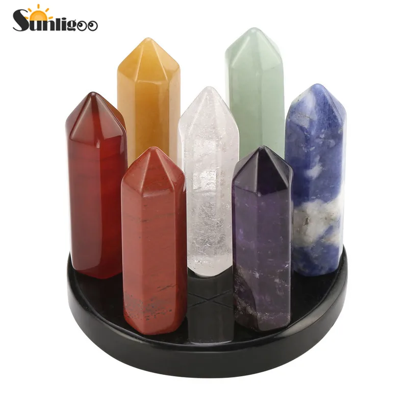Online Sunligoo 7 Chakra Star Group Reiki Healing Kristall Quarz Energie Stein Hexagonal Punkt Array Statue Figurine Obsidian Ständer Set