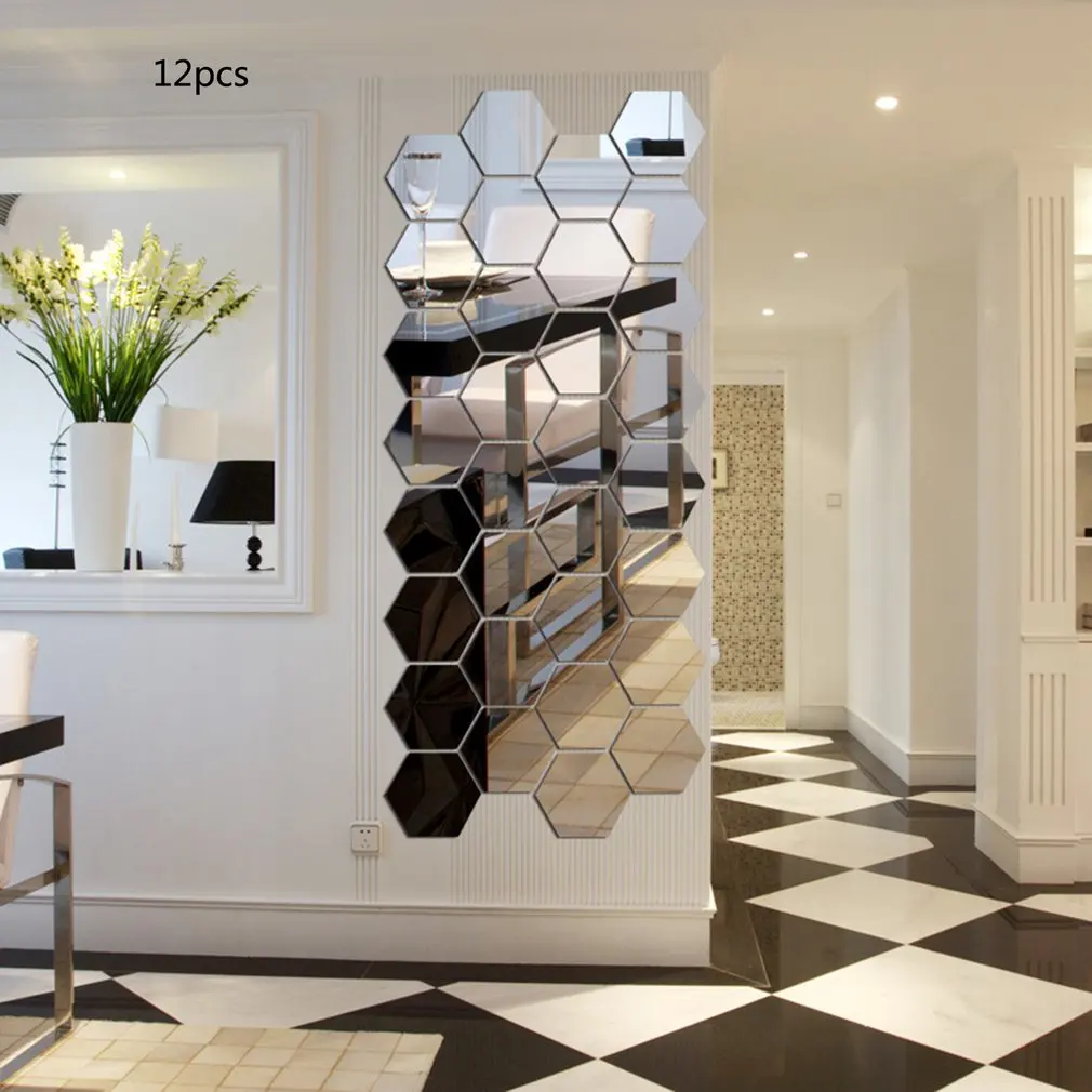 12PCS Hexagon Removable Waterproof Self-adhesive Mirror Stickers Home Bathroom Kitchen Wall Stickers Kitchen Decoration