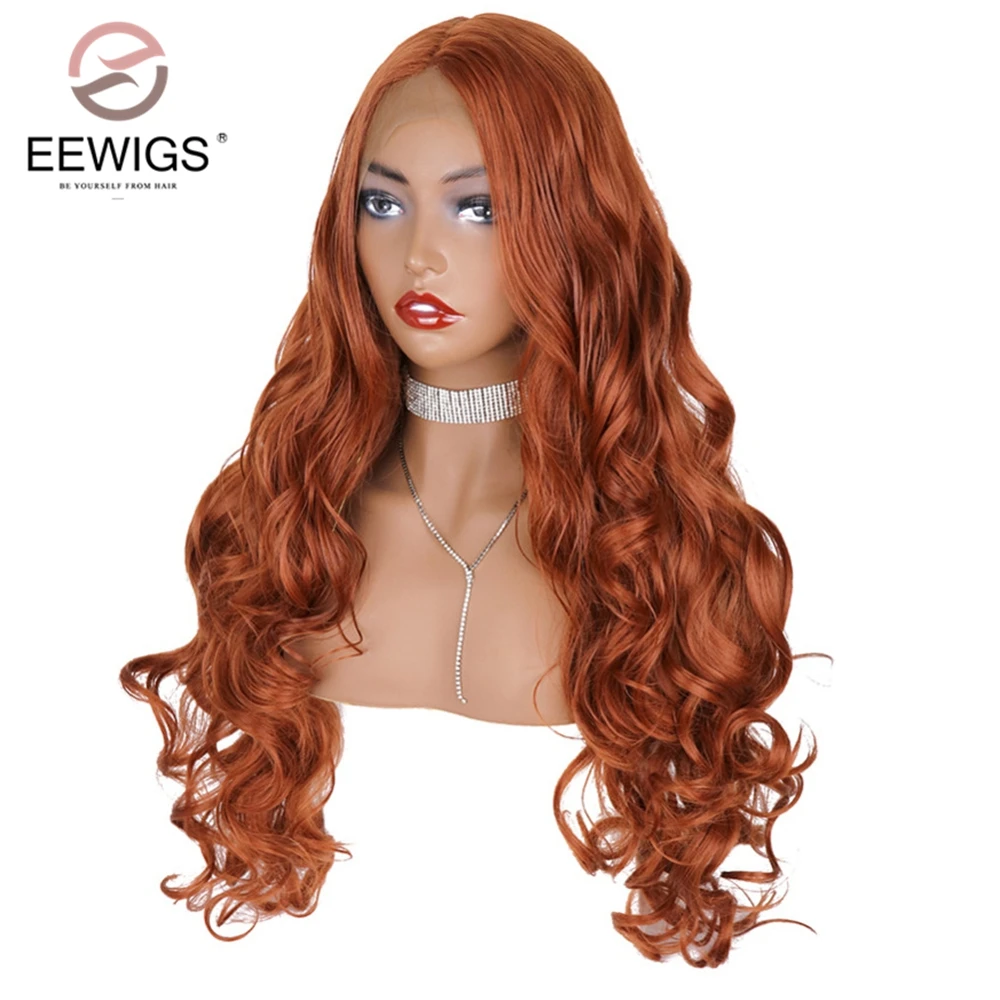 

EEWIGS #350 Color Copper Red Synthetic Lace Front Wig High Temperature Fiber Long Wavy Orange Wigs with Natural Hairline